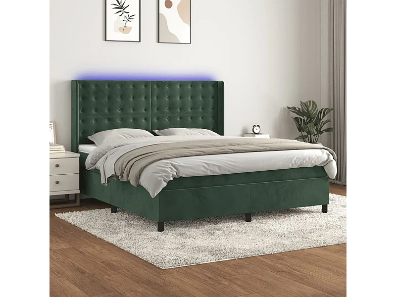 Cama box spring c/ colchão/LED 160x200 cm veludo verde-escuro