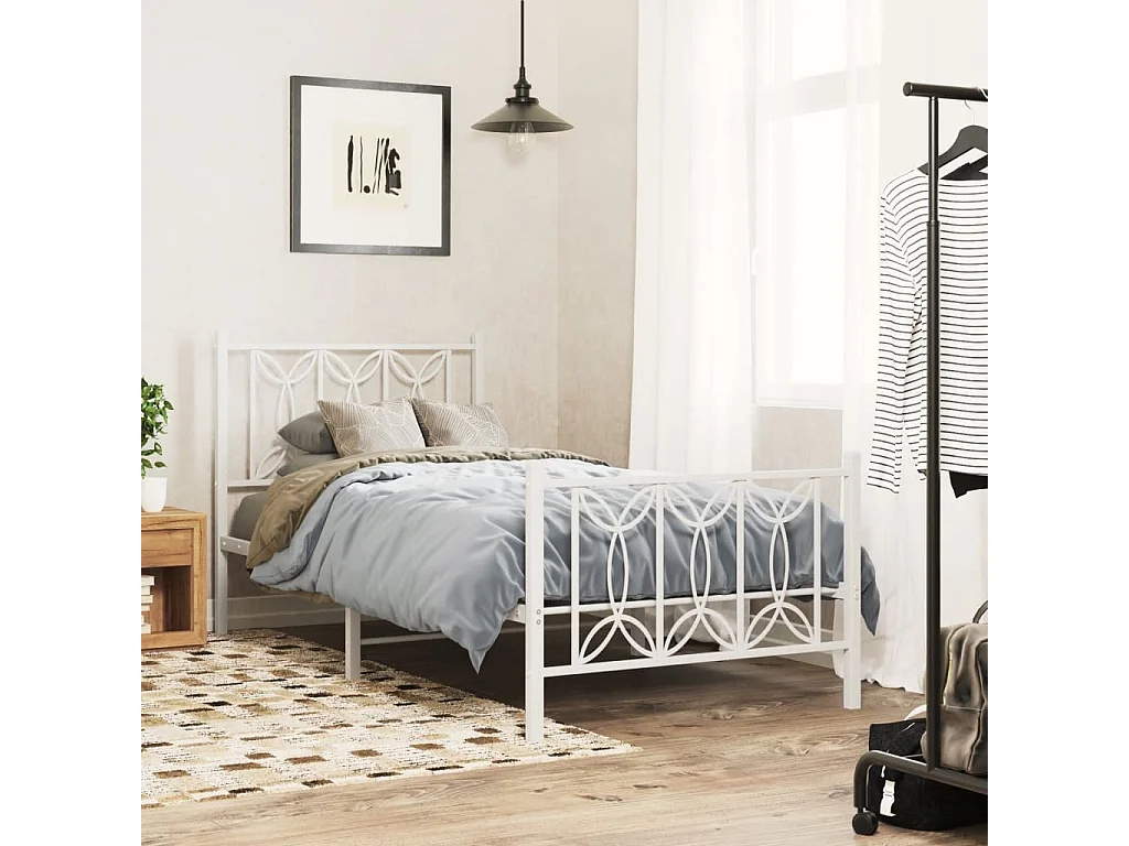 Cadre de lit métal sans matelas avec pied de lit blanc 90x190cm