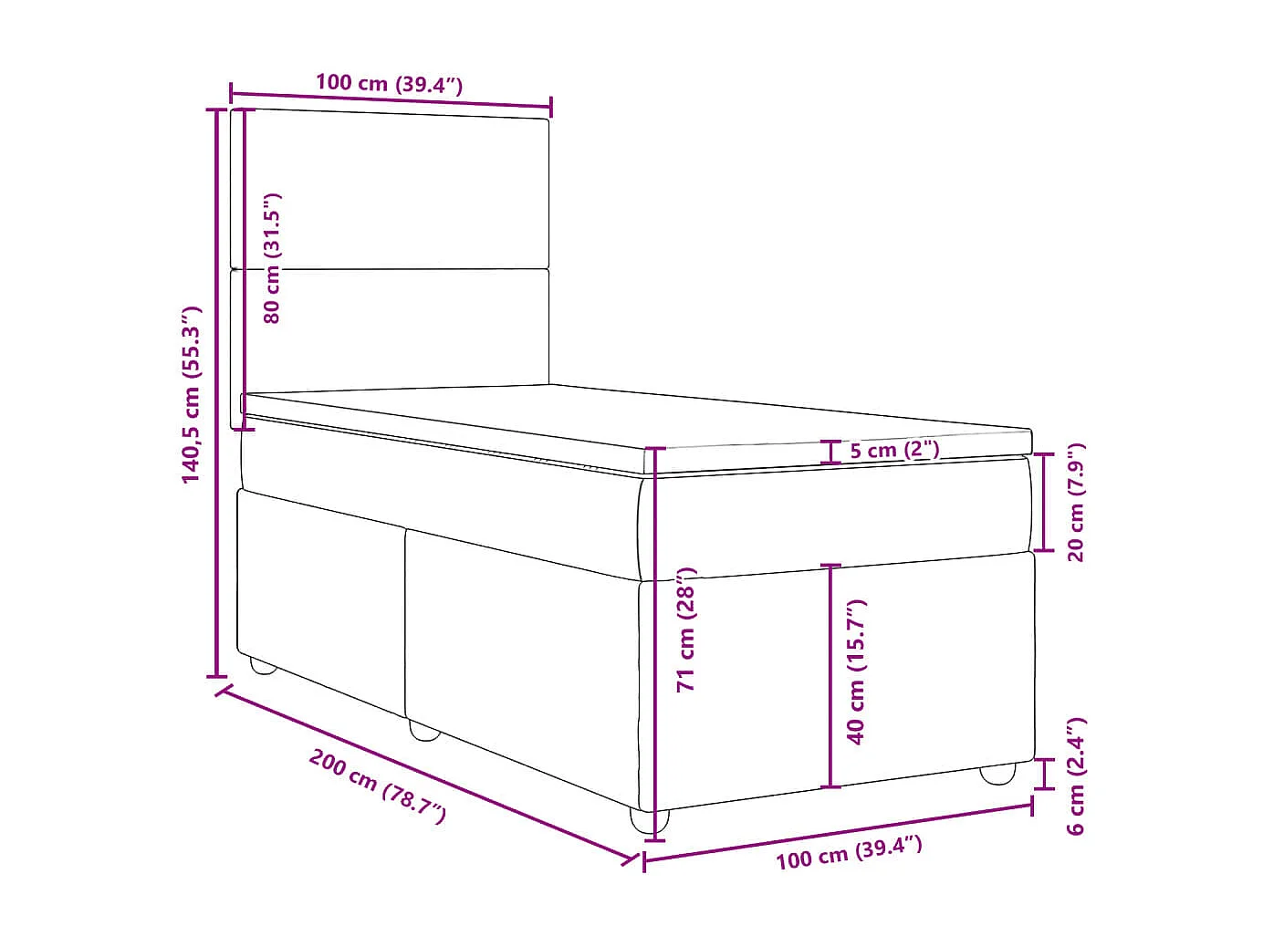 Cama box spring con colchón tela negro 100x200 cm