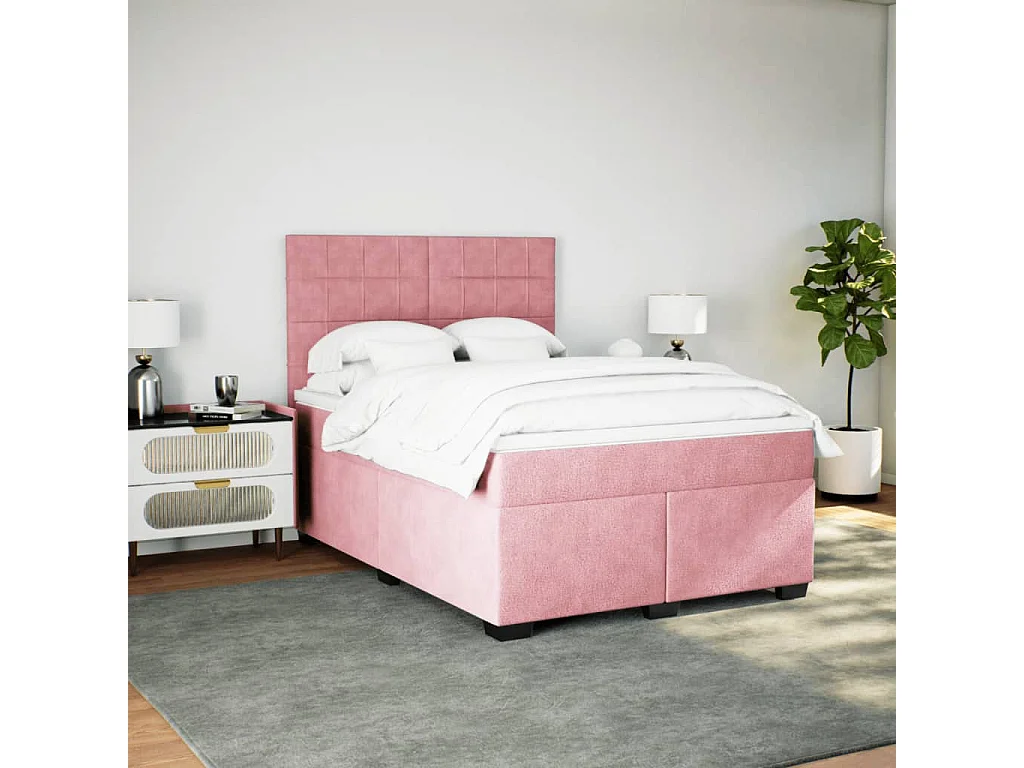 Cama box spring con colchón terciopelo rosa 140x200 cm