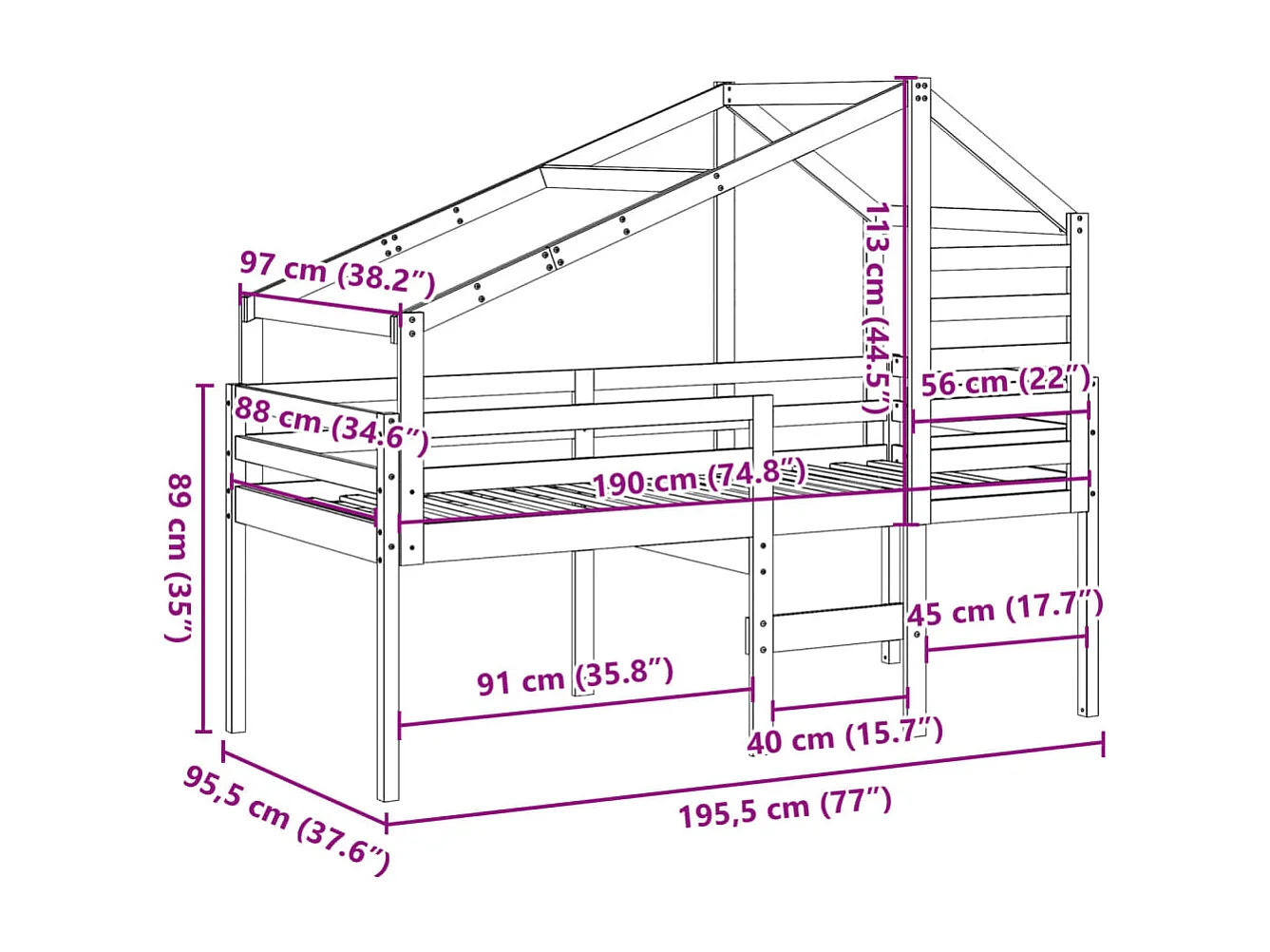 Lit haut sans matelas 90x190 cm bois de pin massif