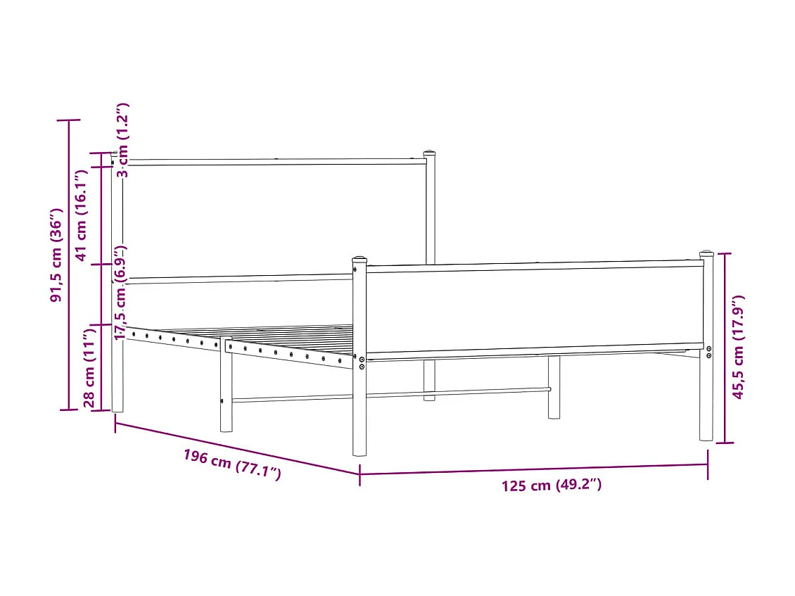 Cadre de lit en métal sans matelas chêne marron 120x190 cm