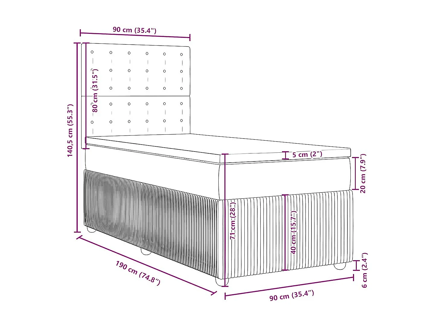 Boxspringbett mit Matratze Schwarz 90x190 cm Stoff
