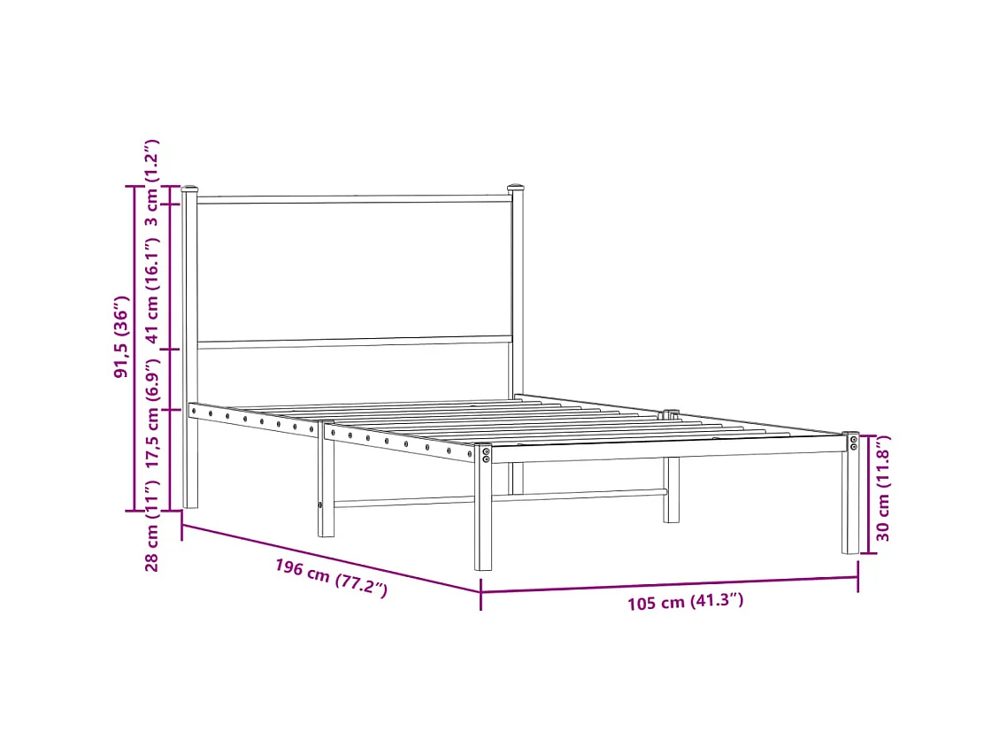 Metallbett ohne Matratze Räuchereiche 100x190 cm