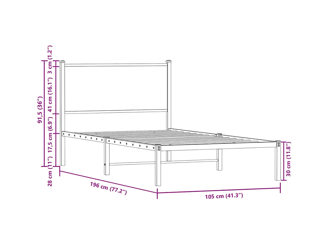 Metallbett ohne Matratze Räuchereiche 100x190 cm