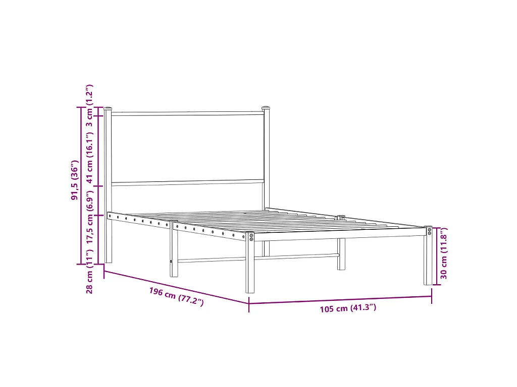 Cadre de lit en métal sans matelas chêne fumé 100x190 cm