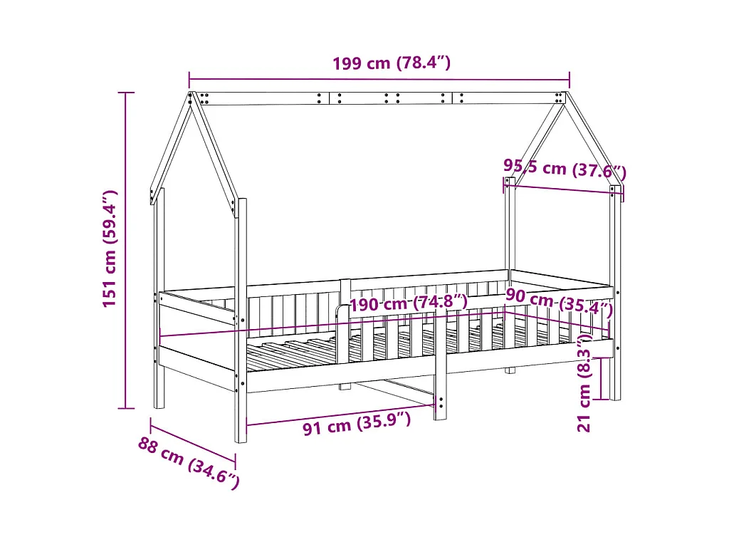 Cama infantil formato casa 90x190 cm madeira de pinho maciça