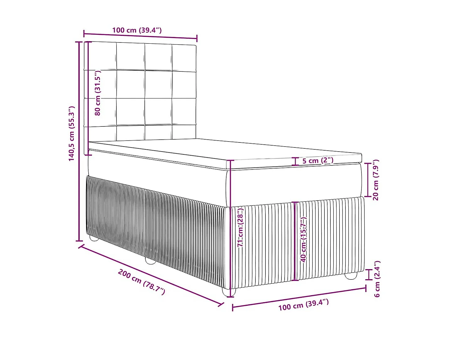 Cama box spring con colchón terciopelo negro 100x200 cm