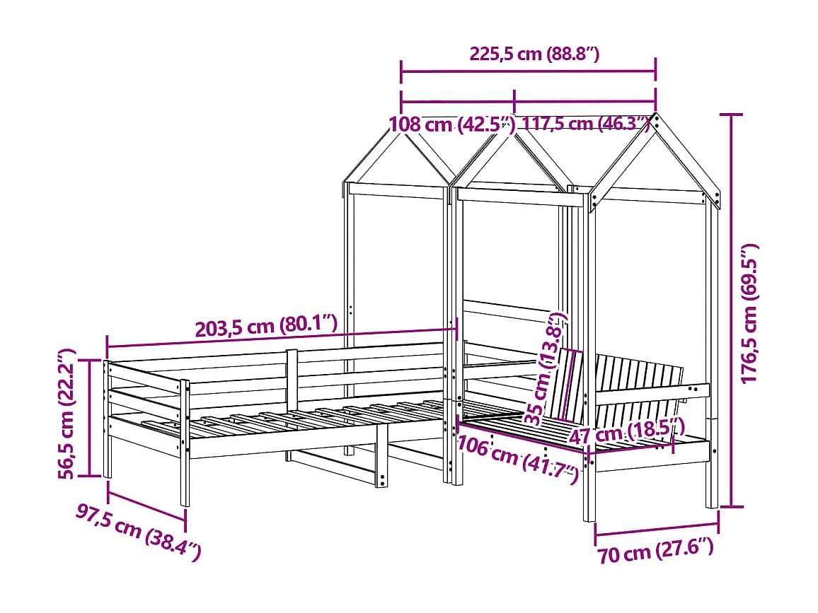 Ensemble de lit de jour et de banc avec toit sans matelas blanc