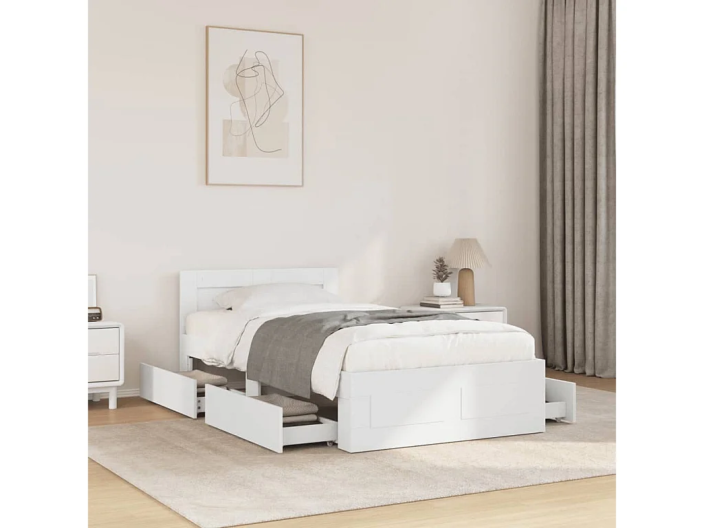 Bedframe met hoofdbord bewerkt hout wit 75x190 cm