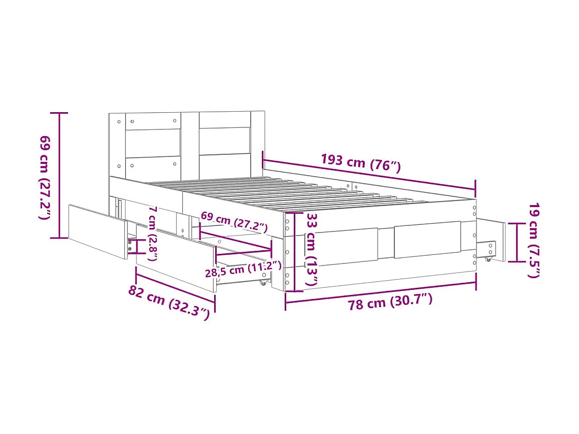 Bedframe met hoofdbord bewerkt hout wit 75x190 cm