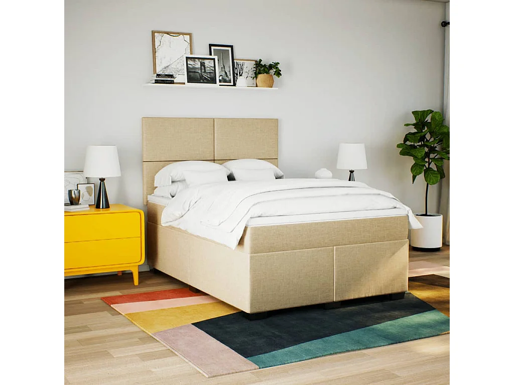 Cama box spring con colchón tela color crema 160x200 cm