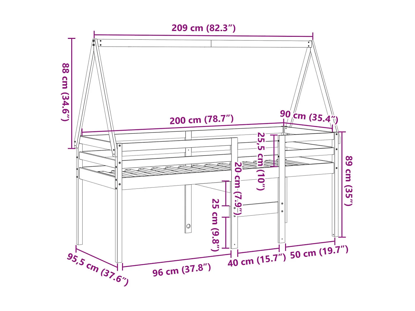 Lit haut sans matelas 80x200 cm bois de pin massif