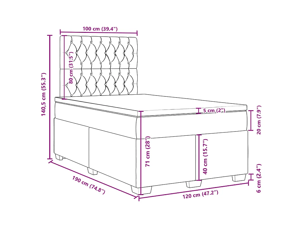 Cama box spring con colchón terciopelo gris oscuro 120x190 cm