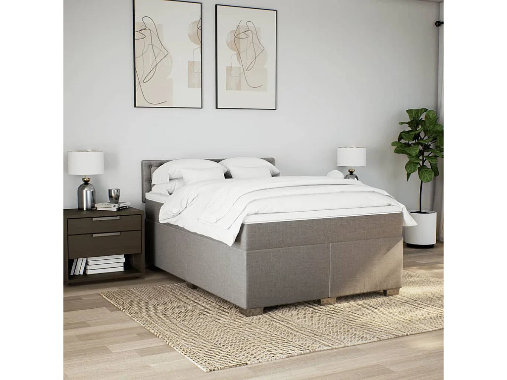 Cama box spring con colchón tela gris taupe 140x190 cm