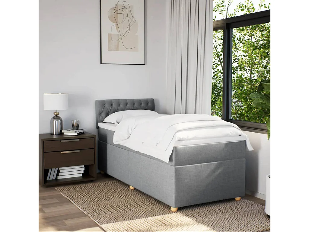 Cama box spring con colchón tela gris claro 90x200 cm