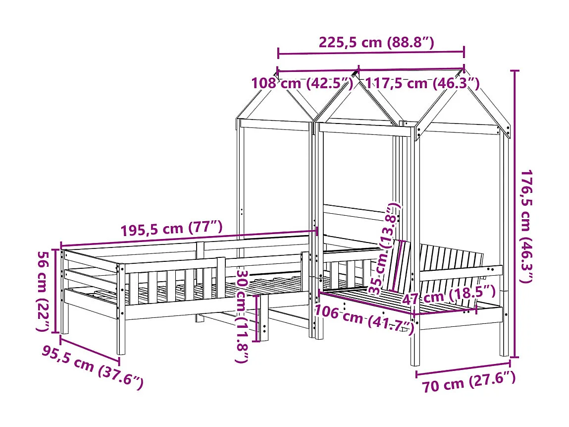 Ensemble de lit et de banc avec toit sans matelas 90x190 cm