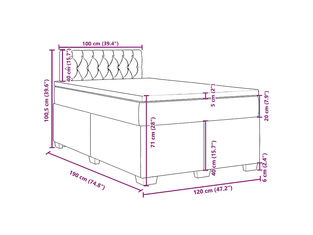 Cama box spring con colchón terciopelo negro 120x190 cm