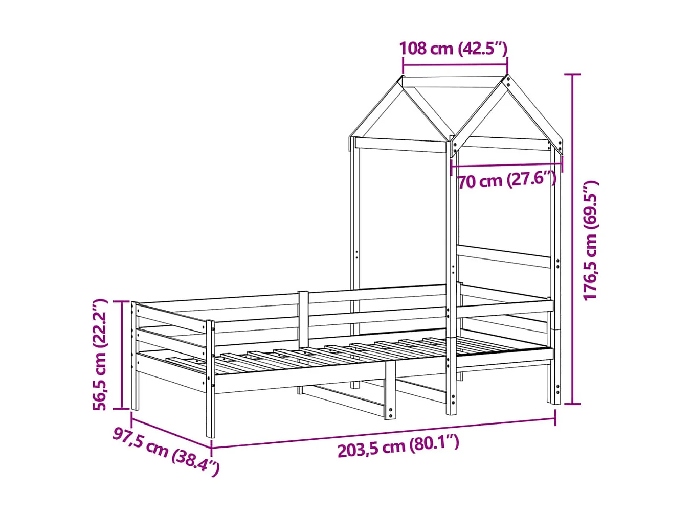 Lit de jour avec toit sans matelas blanc 90x200 cm bois massif
