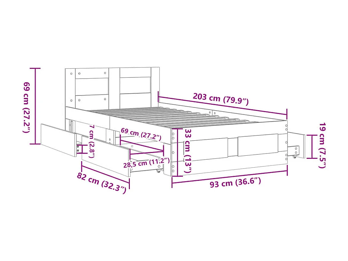 Cadre de lit et tête de lit sans matelas gris béton 90x200 cm