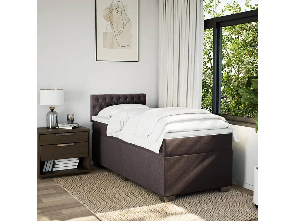 Cama box spring con colchón tela marrón oscuro 90x190 cm