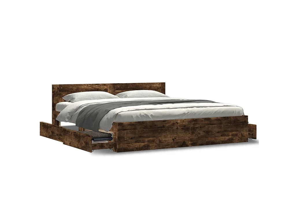 Bedframe met hoofdeinde bewerkt hout gerookt eiken 200x200 cm