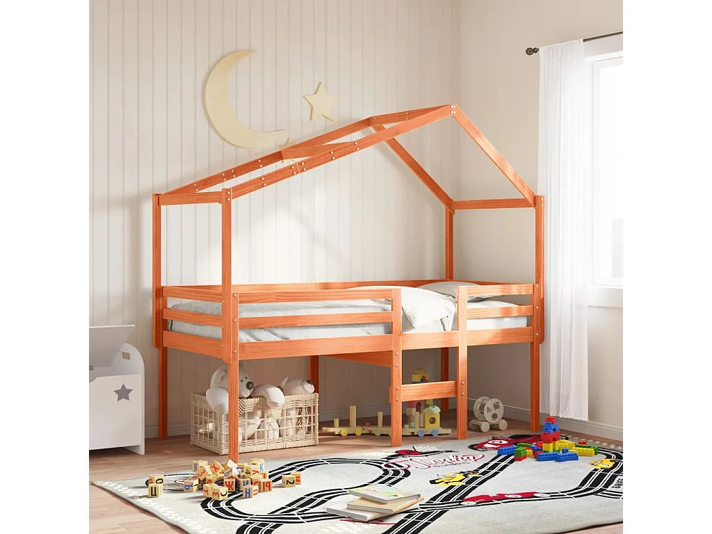 Hoogslaper met dak massief grenenhout wasbruin 90x190 cm