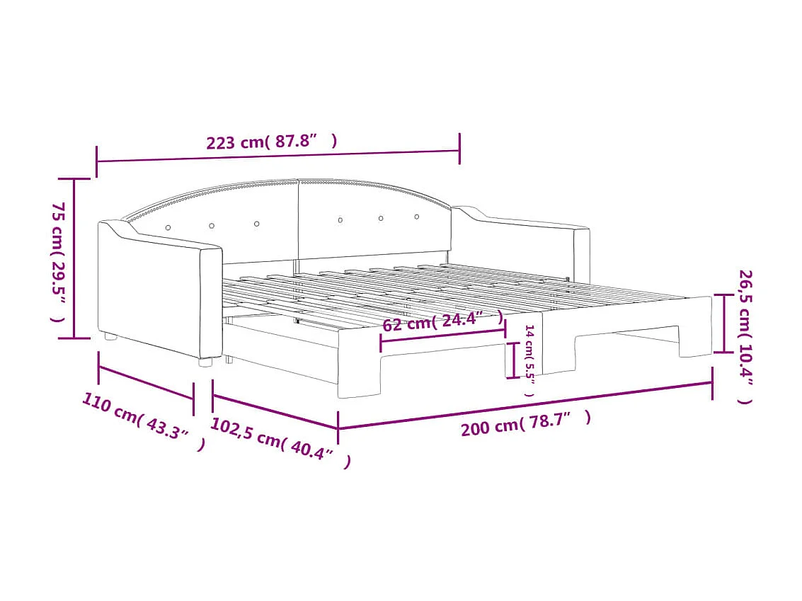 Lit de jour avec gigogne sans matelas gris foncé 100x200 cm
