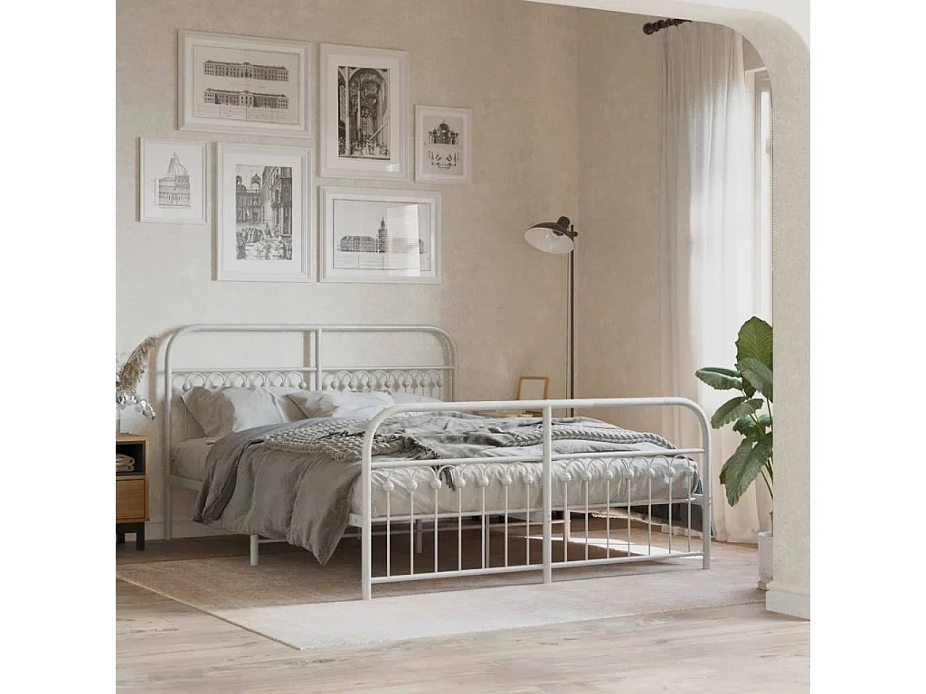 Cadre de lit métal sans matelas et pied de lit blanc 150x200 cm