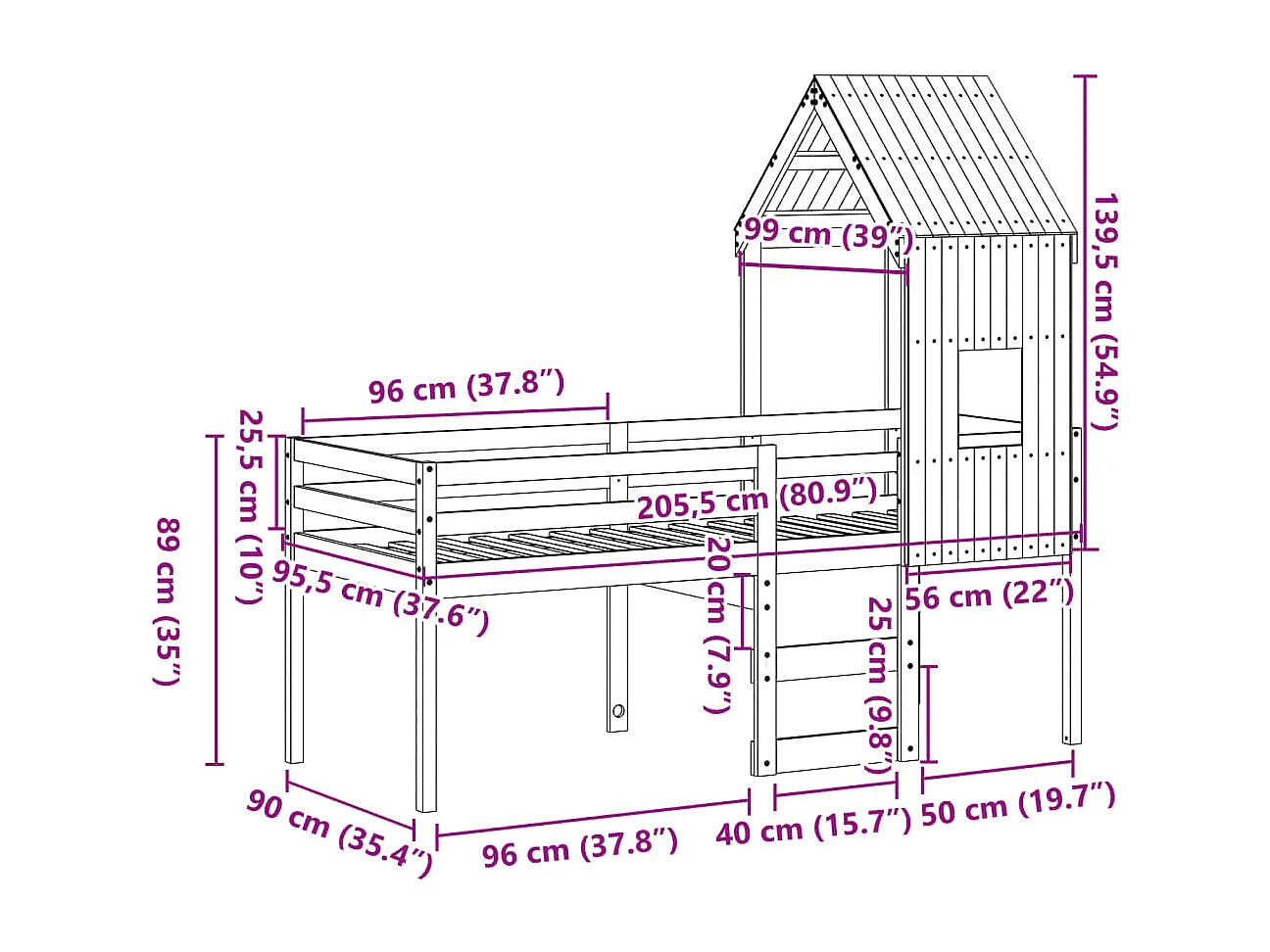 Lit haut sans matelas 90x200 cm bois de pin massif
