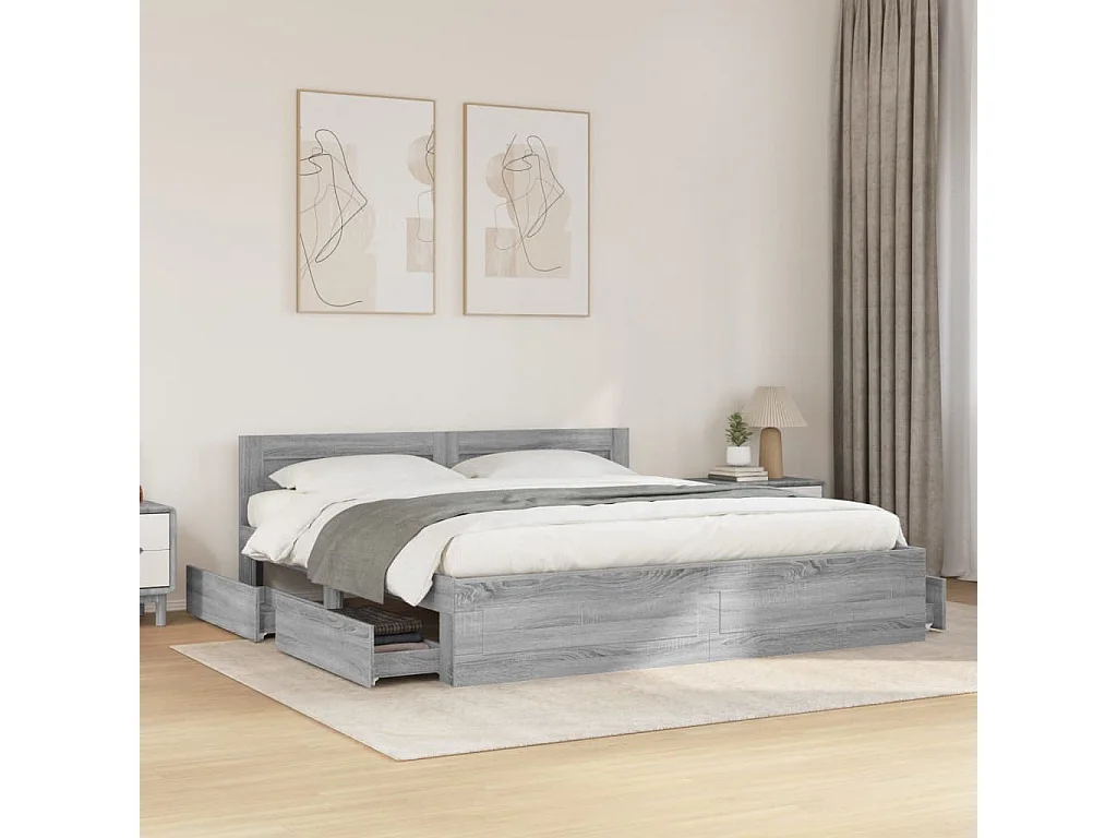 Cama con cabecero madera ingeniería gris Sonoma 200x200 cm