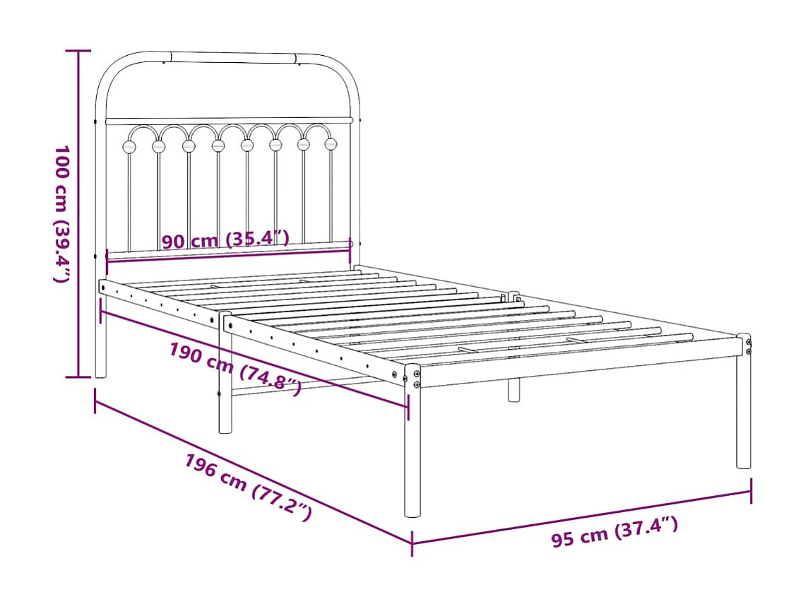 Cadre de lit métal sans matelas avec tête de lit blanc 90x190cm