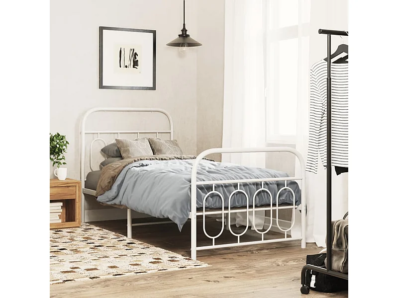 Cadre de lit métal sans matelas avec pied de lit blanc 90x190cm