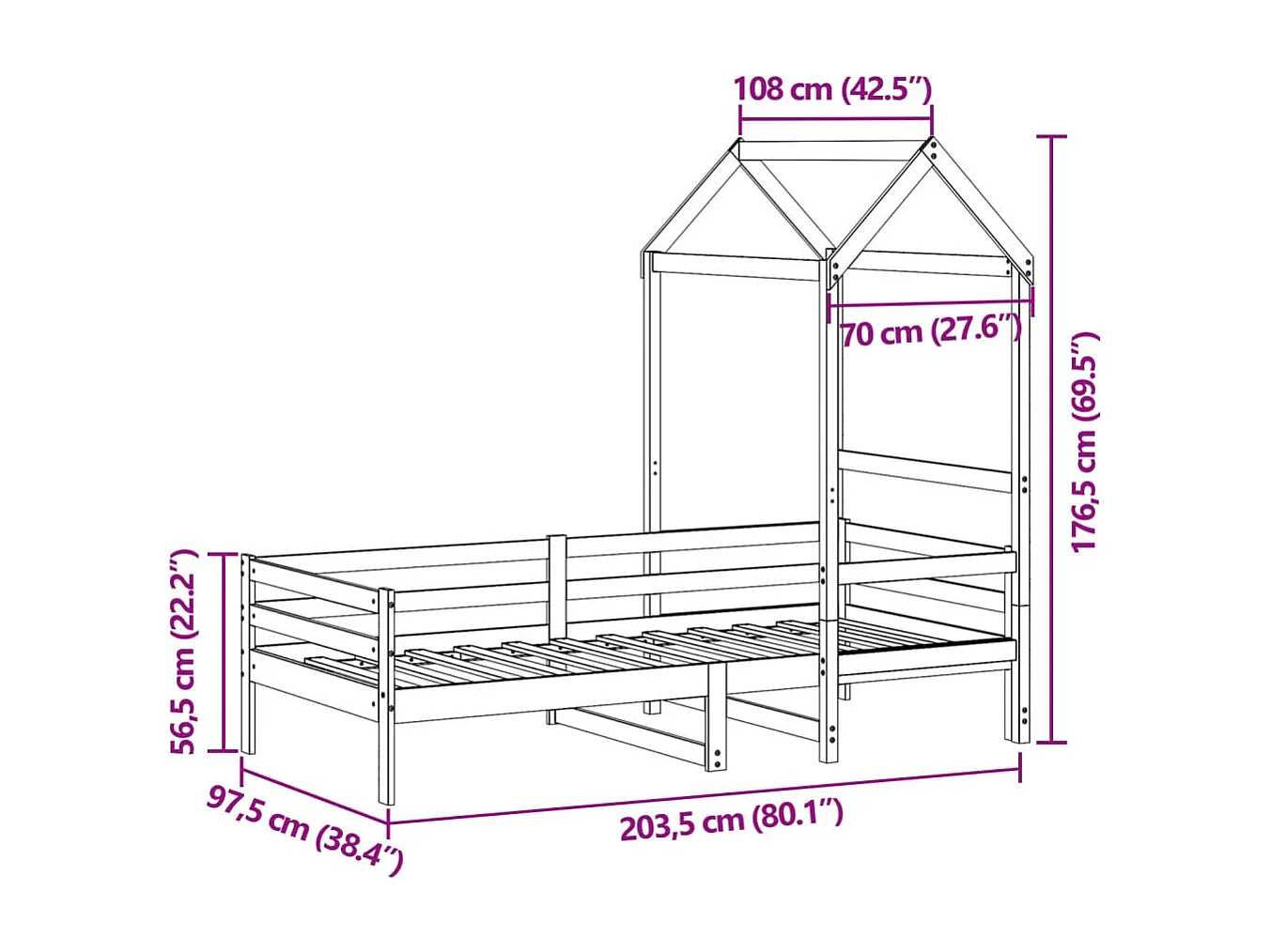 Lit de jour avec toit sans matelas 90x200 cm bois massif