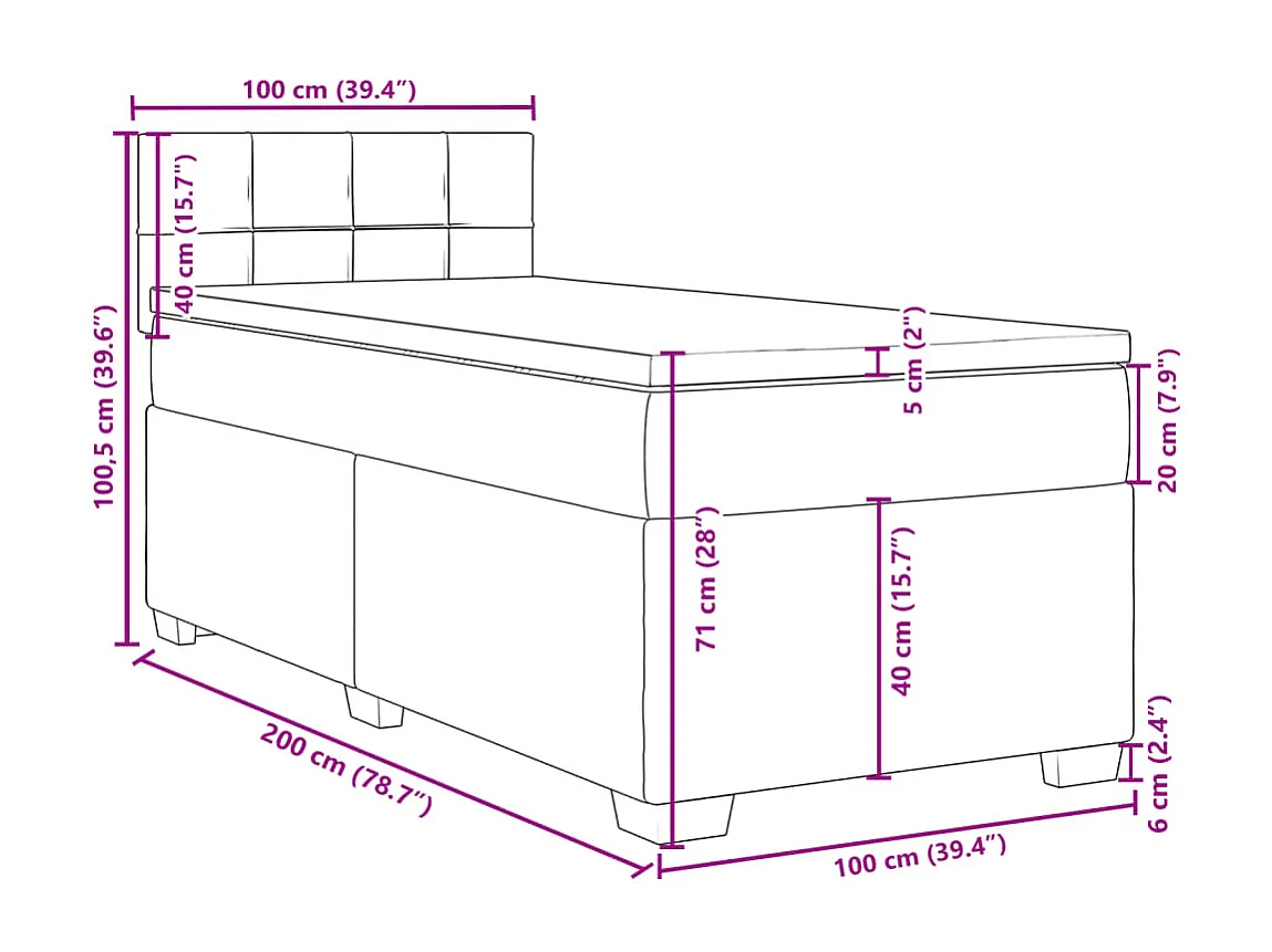 Cama box spring con colchón tela gris taupe 100x200 cm