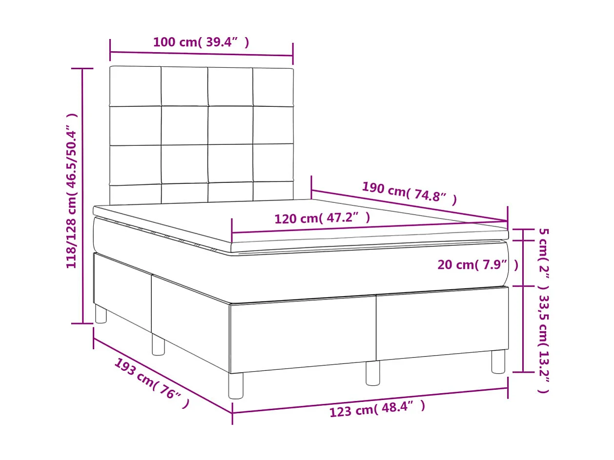 Sommier à lattes de lit matelas et LED crème 120x190 cm tissu
