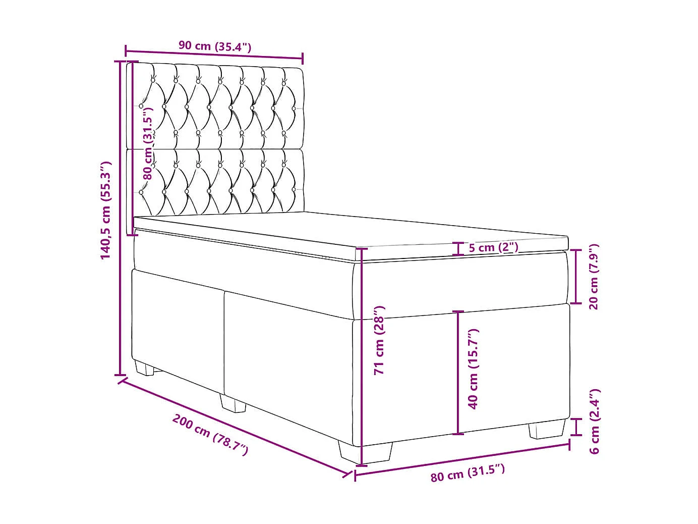 Cama box spring con colchón tela negro 80x200 cm