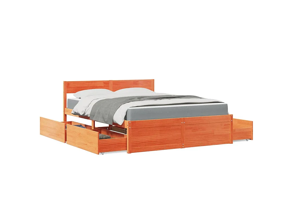 Lit avec tiroirs/matelas cire marron 160x200 cm bois massif pin