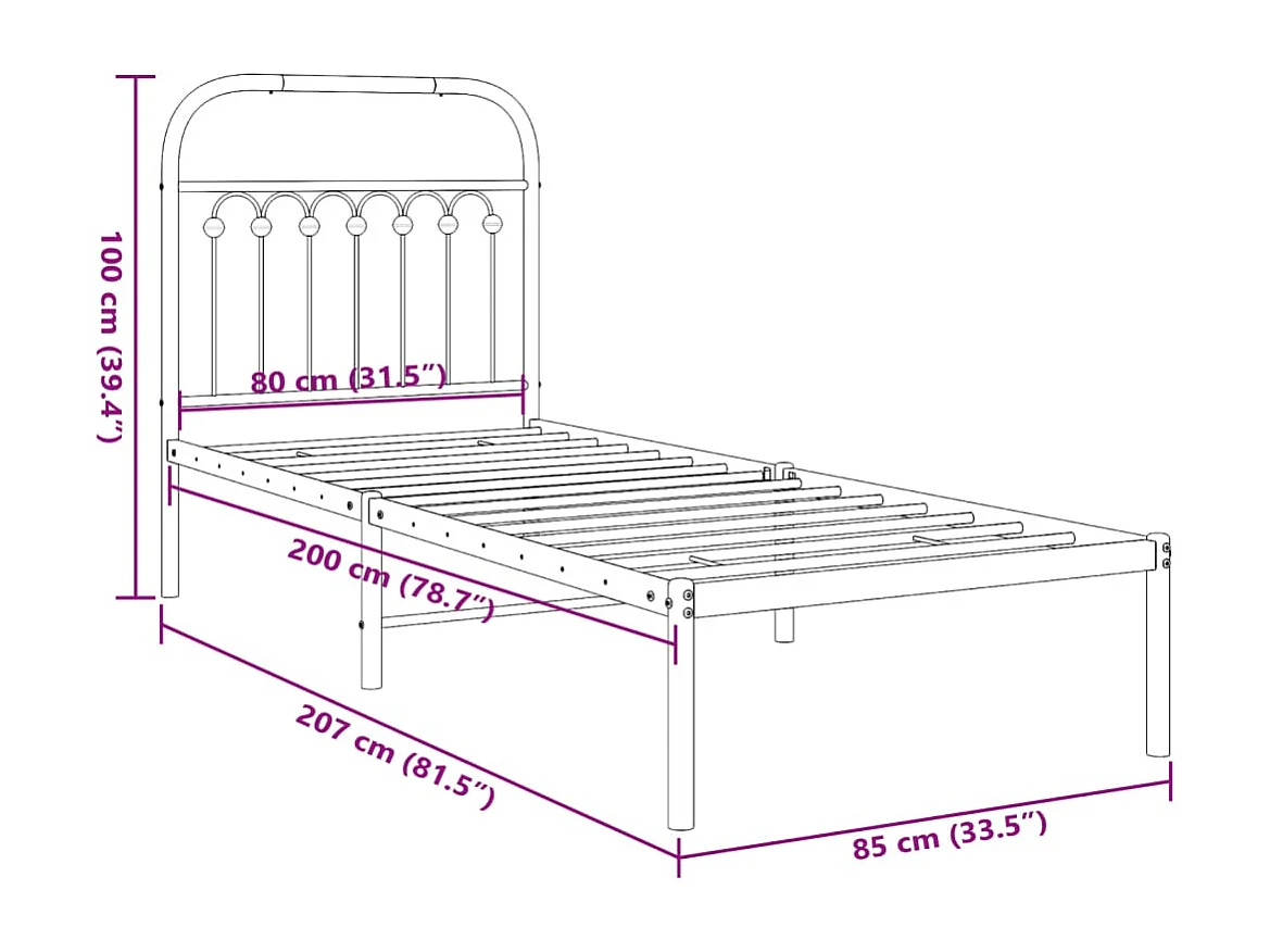 Cadre de lit métal sans matelas avec tête de lit blanc 80x200cm