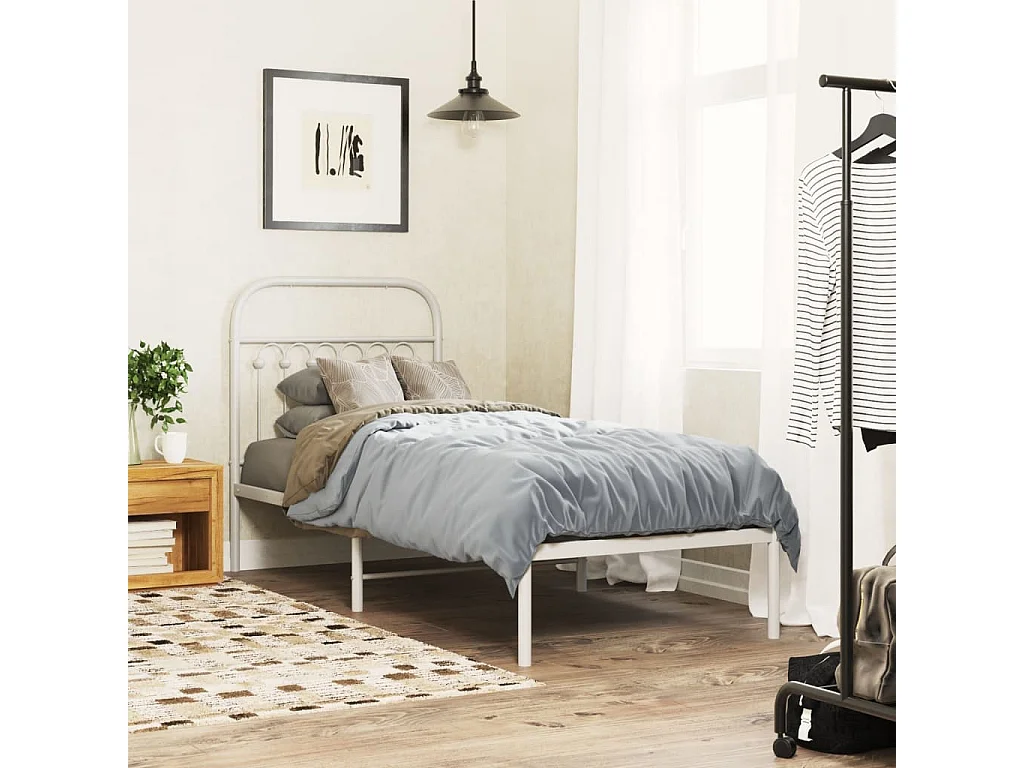 Cadre de lit métal sans matelas avec tête de lit blanc 80x200cm