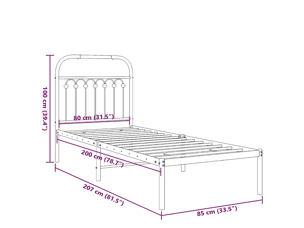 Cadre de lit métal sans matelas avec tête de lit blanc 80x200cm