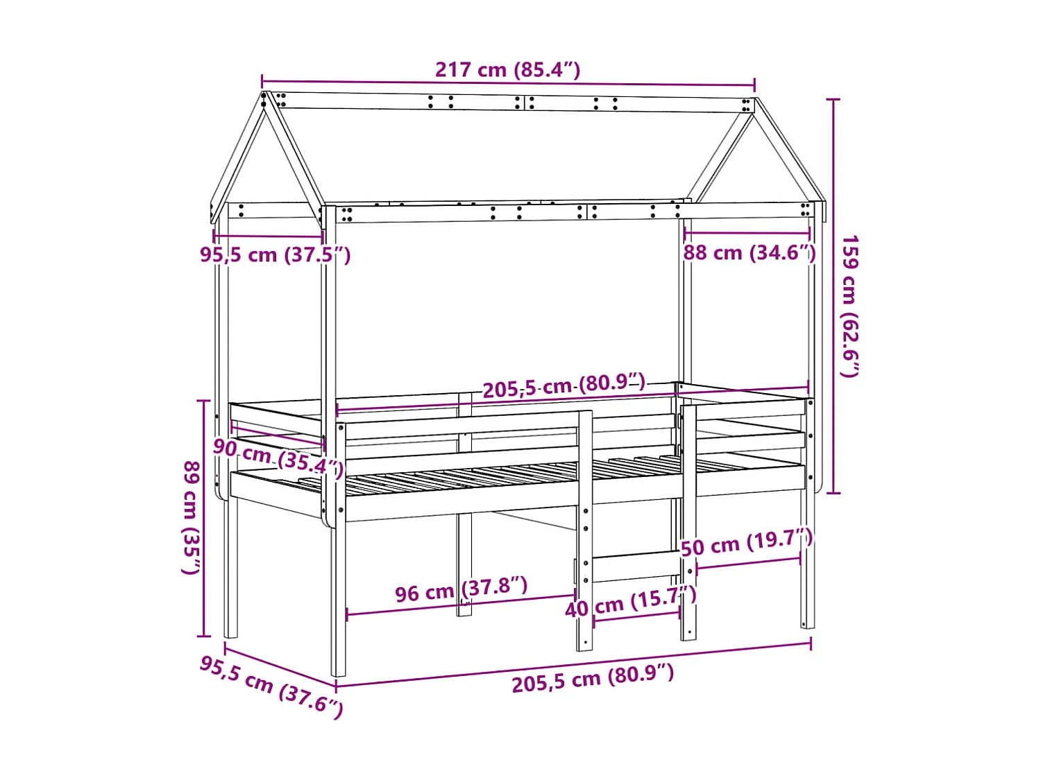Lit haut sans matelas 90x200 cm bois de pin massif