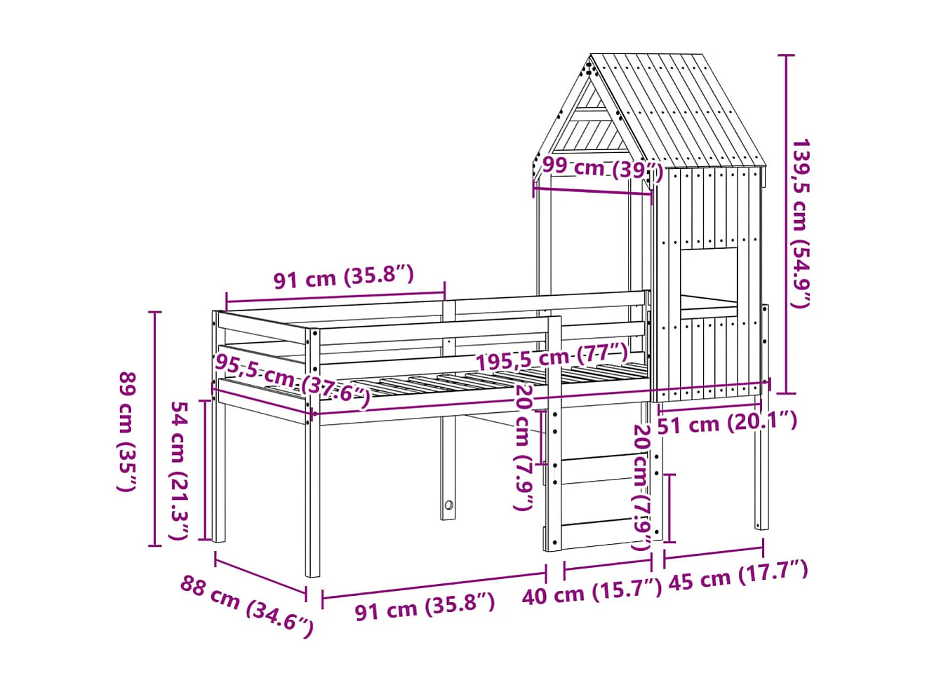 Hochbett mit Dach Wachsbraun 90x190 cm Massivholz Kiefer