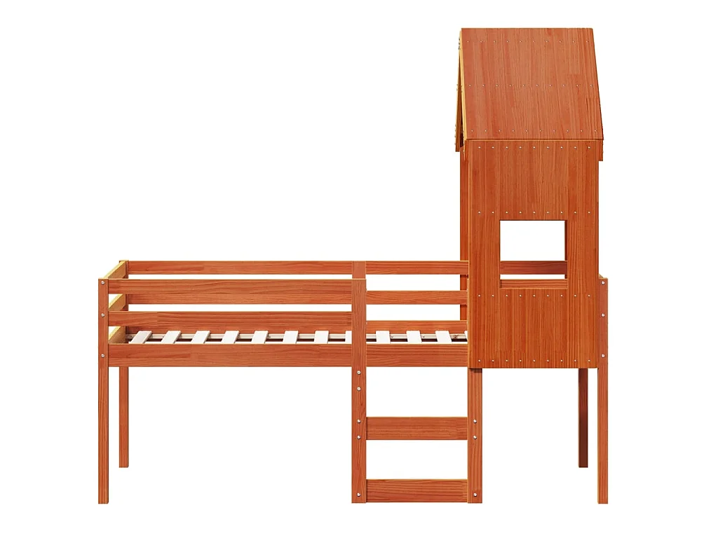 Cama alta con techo madera maciza de pino marrón cera 90x190 cm