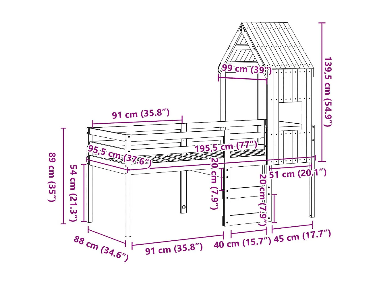 Lit haut sans matelas blanc 90x190 cm bois de pin massif