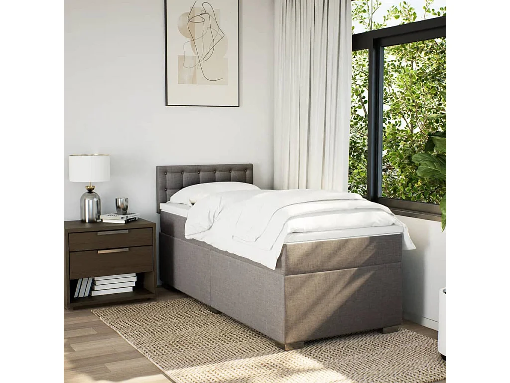 Cama box spring con colchón tela gris taupe 90x190 cm