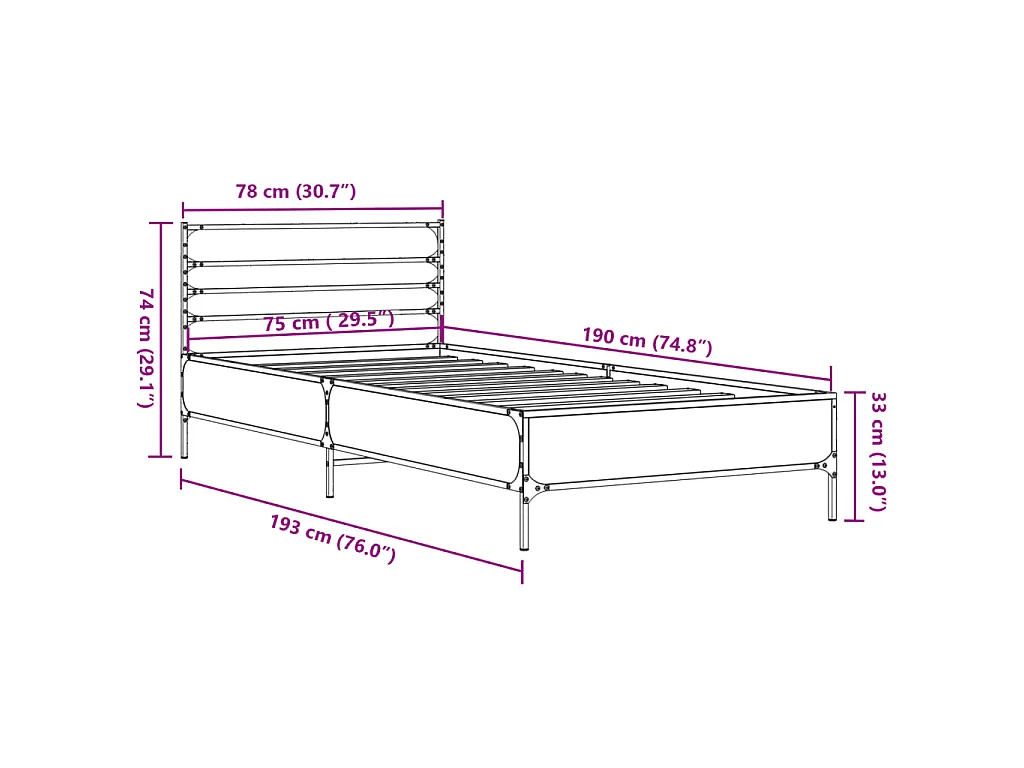 Bedframe bewerkt hout en metaal zwart 75x190 cm
