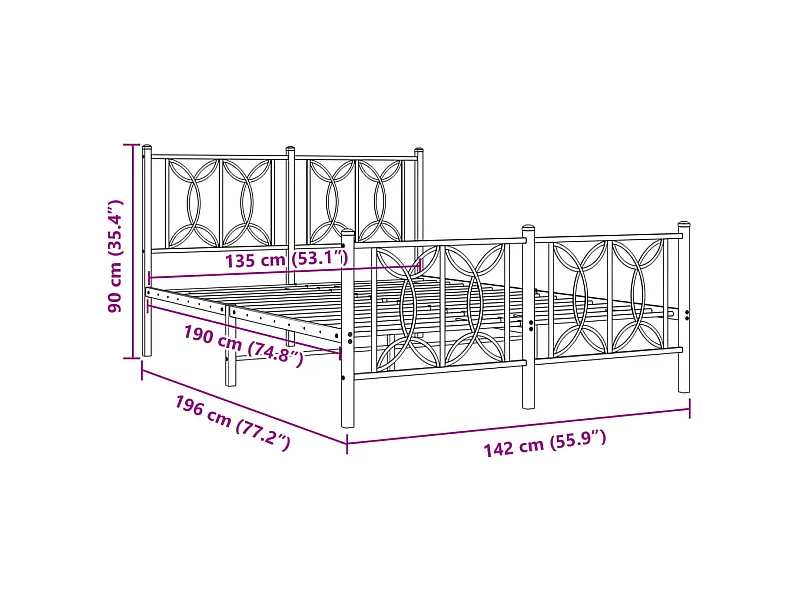 Cadre de lit métal sans matelas et pied de lit blanc 135x190 cm