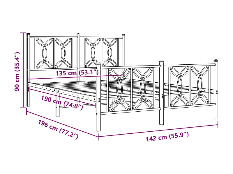 Cadre de lit métal sans matelas et pied de lit blanc 135x190 cm