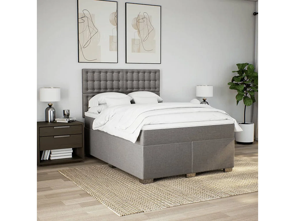 Cama box spring con colchón tela gris taupe 140x190 cm